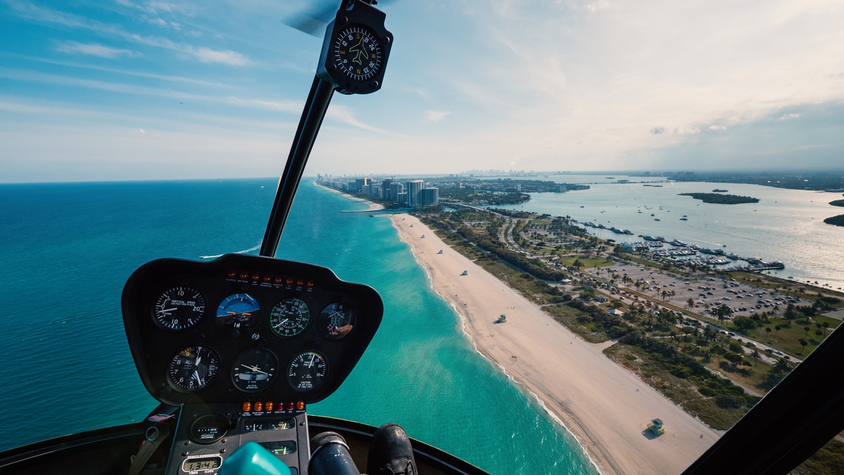 Panoramic view of South Beach in a sunny day from the helicopter