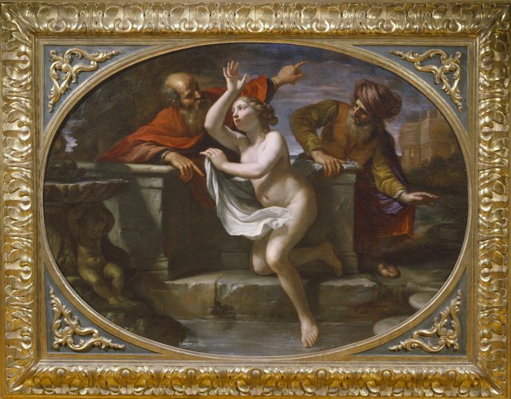 Cesare GennariCento, 1637 – Bologna, 1688 Susanna and the Elders 1670 - 1675 oil on canvas 108,8x146,3 cm / 42,8x57,6 in. (senza cornice) 138x175 cm (con cornice)