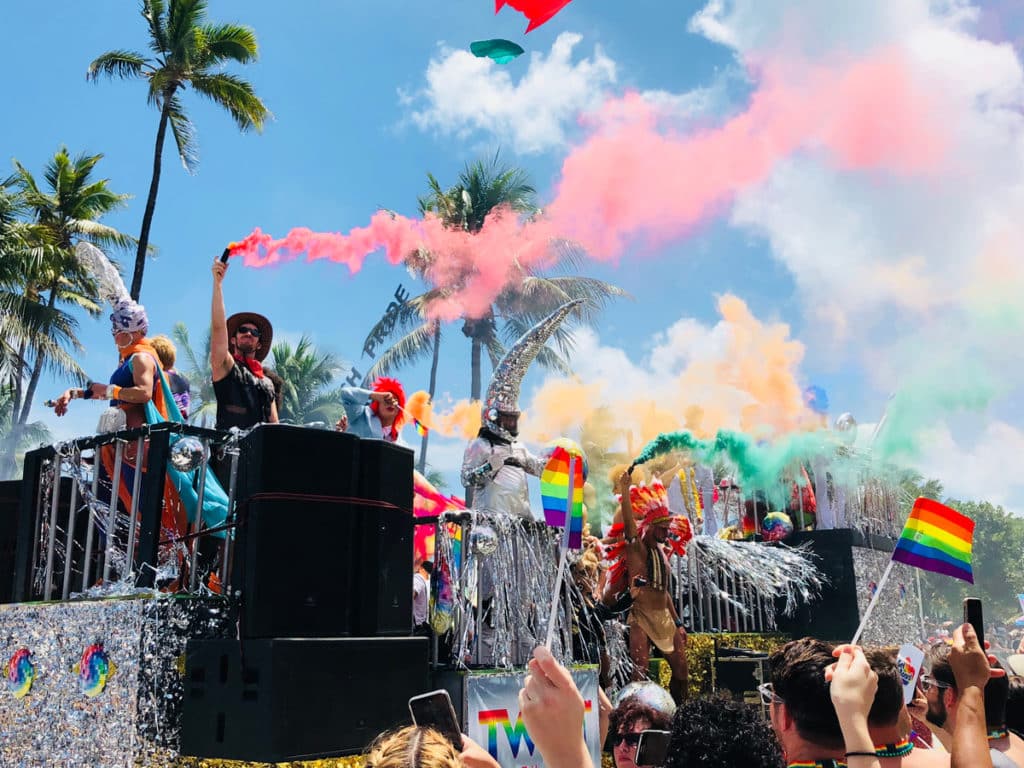 The 2019 Pride parade along Ocean Drive, South Beach, Miami. Unidentified spectators and procession participants in the annual gay pride event.