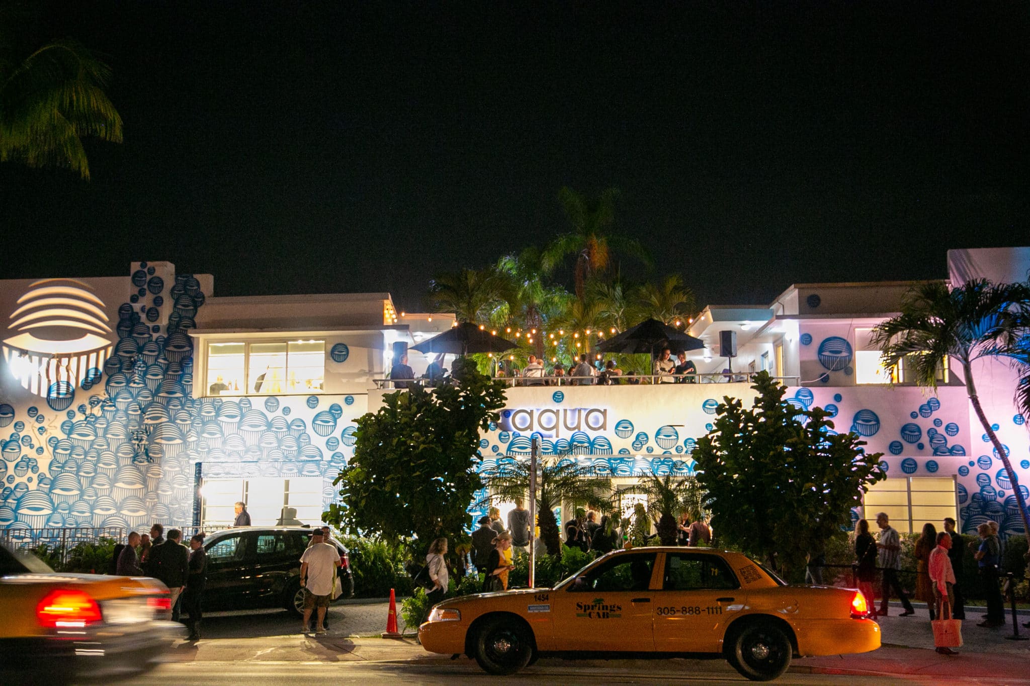 Aqua Art Miami exterior at night
