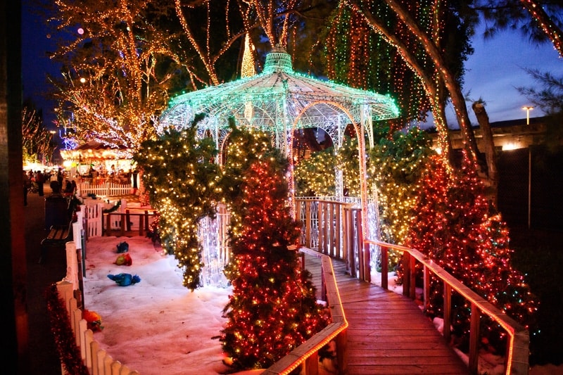 Dazzling lights around a gazebo at Santa's Enchanted Forest