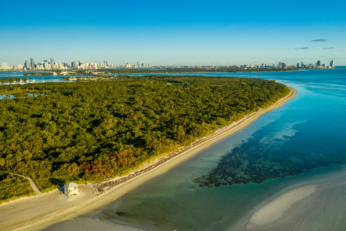 Aerial view of Crandon Park beach in Key Biscayne, Miami