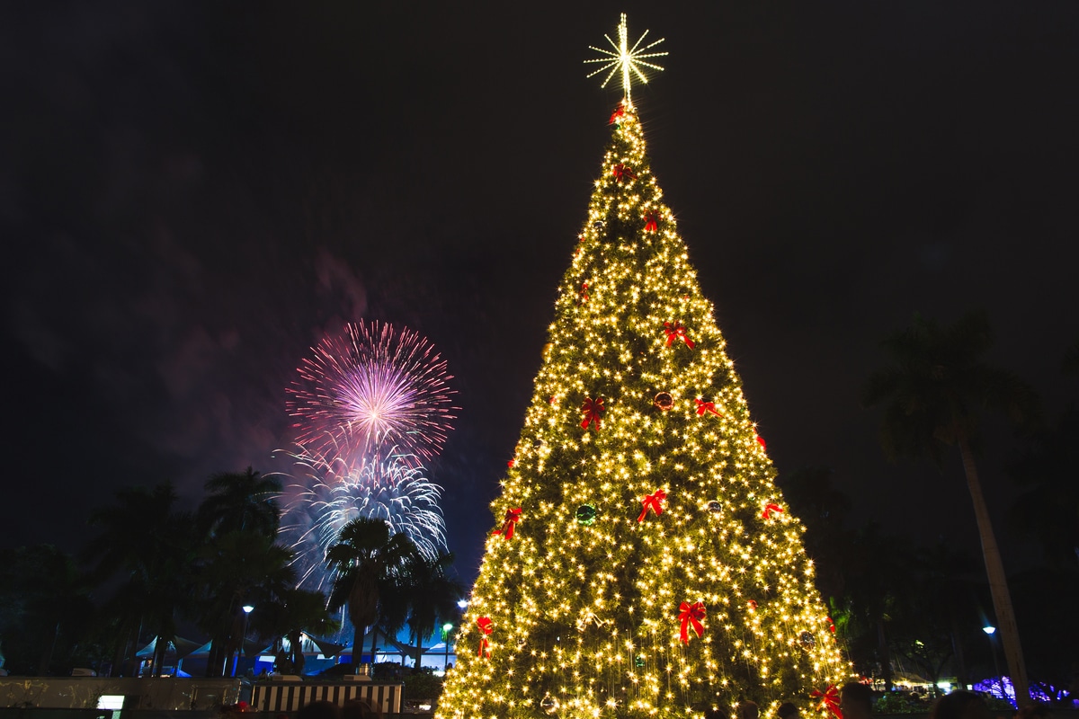 New year tree and firework at new year celebration at Bayfront park in Miami