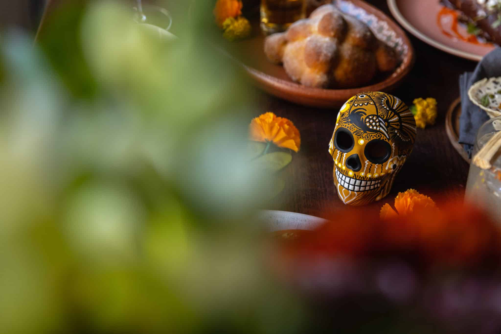 Skull on table for Dia de los Muertos