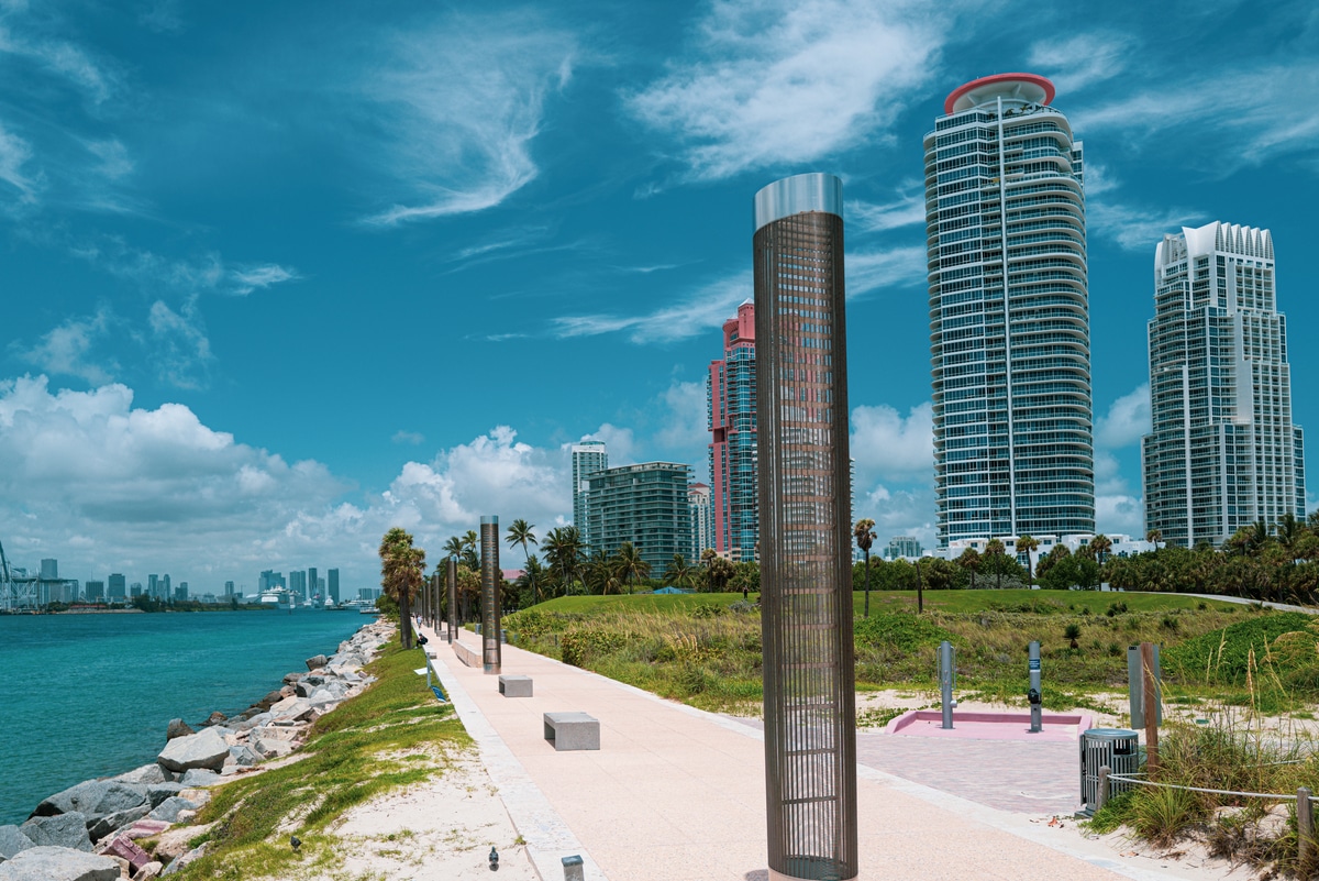 Walkways at South Pointe Park and skyscrapers in Miami Beach
