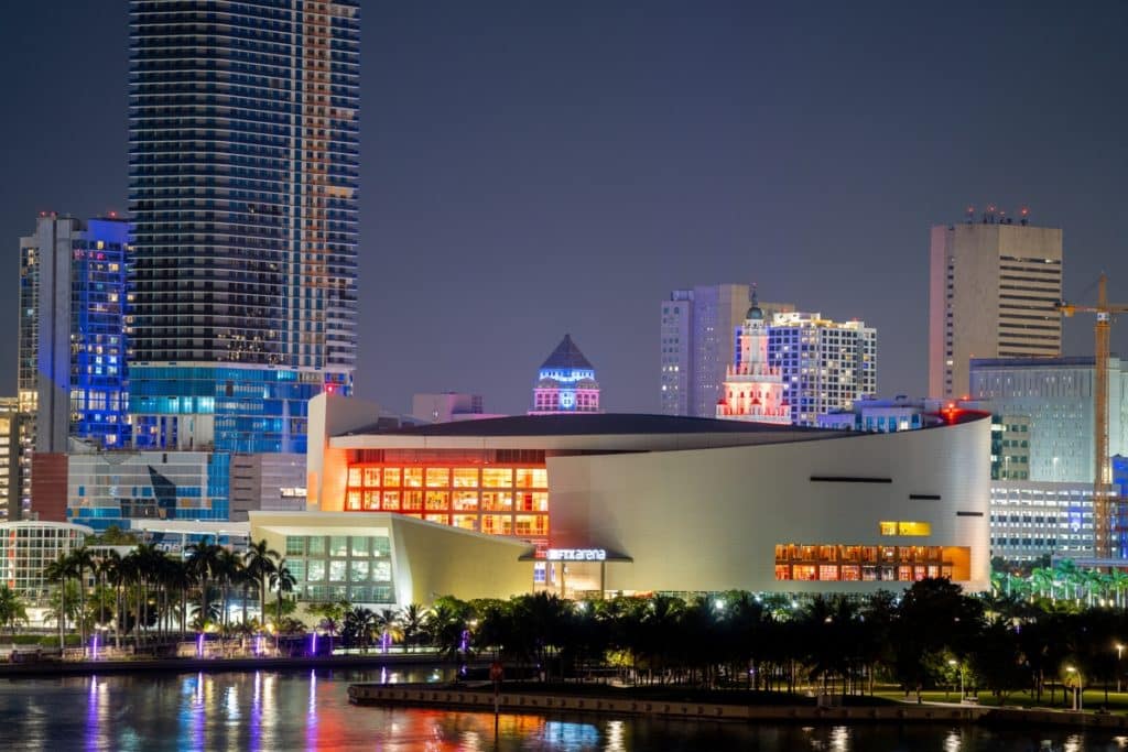 The FTX Arena in Downtown Miami at night