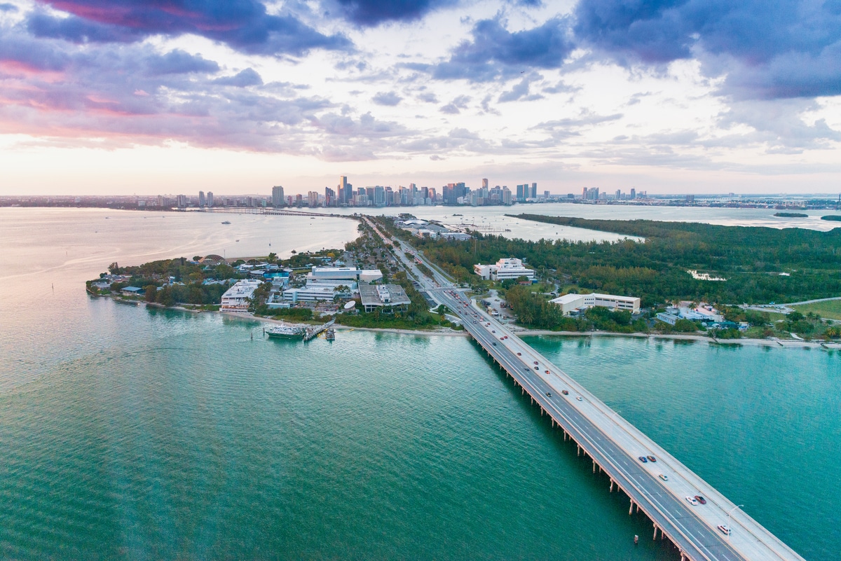Aerial view of the Rickenbacker Causeway during sunset