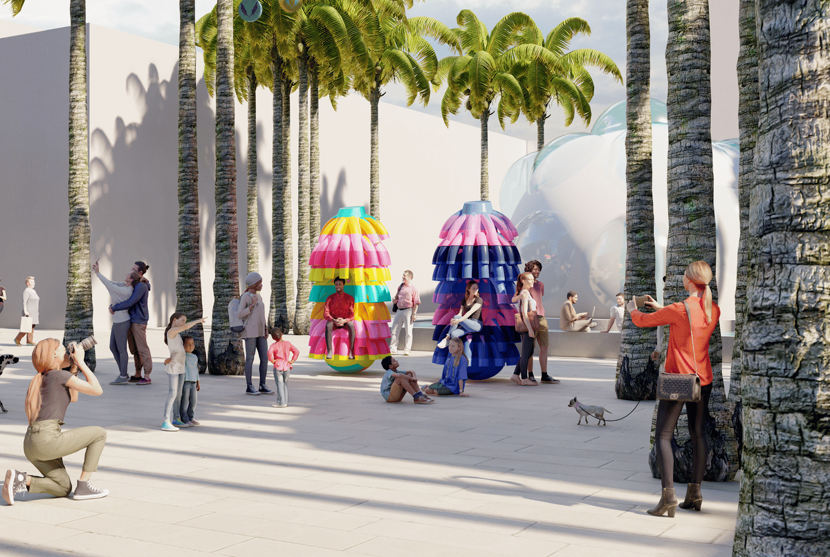 Vibrant capsules that rock back-and-forth at Miami Design District for Rock | Roll installation
