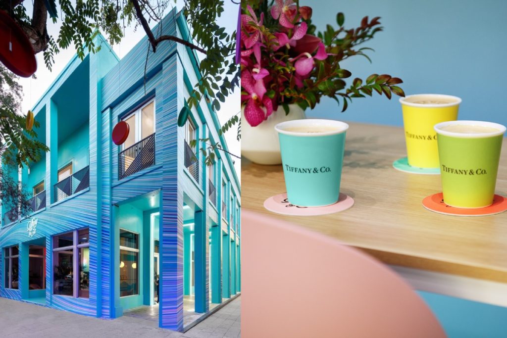 Tiffany & Co. holiday pop-up at Miami Design District exterior shot and coffee cups on table