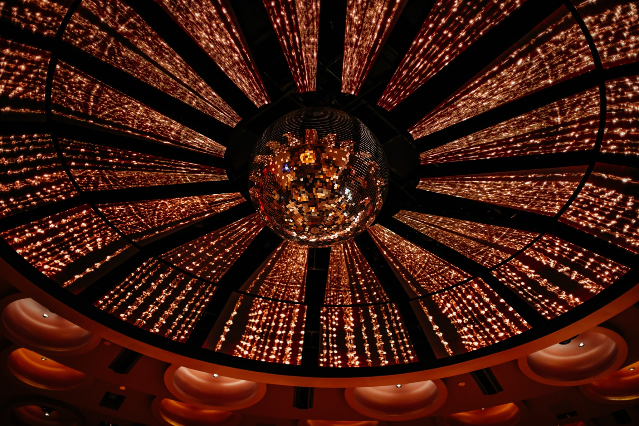 Disco decor in the main dining room at Queen Miami Beach