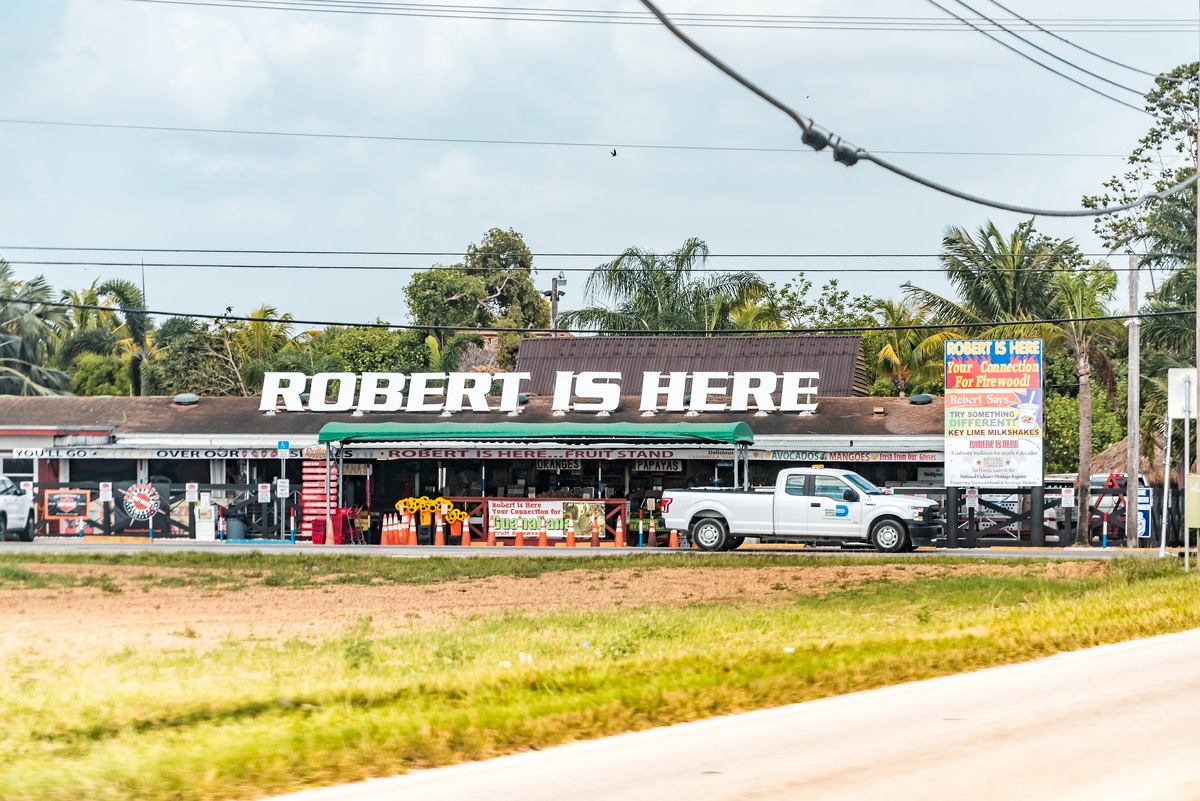 Robert is Here fruit stand or store shop selling rare exotic and local tropical fruit and vegetables by road