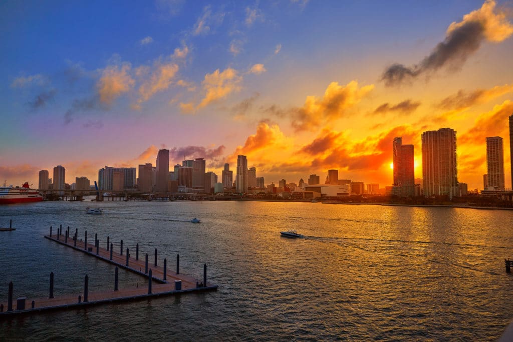 Sunset seen across the Downtown Miami skyline