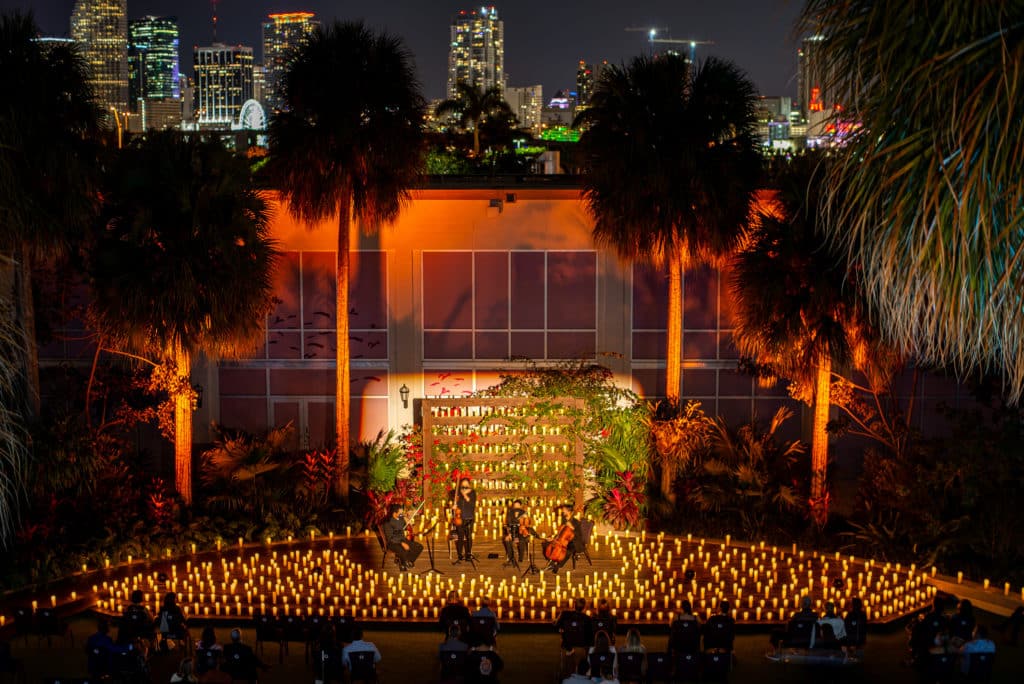 candlelit stage at jungle plaza in miami for tribute Candlelight concert with string quartet
