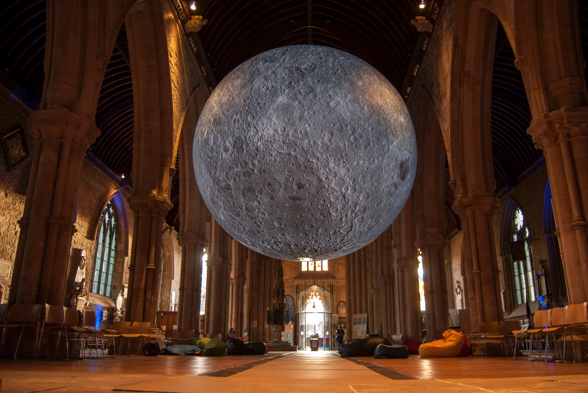 Grantham/England-September 25, 2018.Moon inside of church. "Museum of the Moon" - Luke Jerram at St Wulfram's Church.