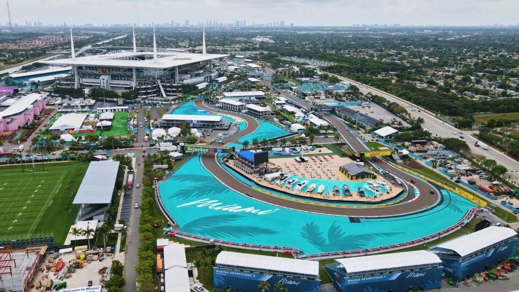 Aerial view on F1 Circuit and Hard Rock Stadium, almost ready for Formula 1 Crypto.com Miami Grand Prix Weekend on May 6-8 2022