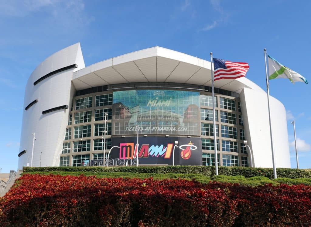 View of the FTX Arena, formerly American Airlines Arena, a sports arena named after the FTX crypto exchange created by Sam Bankman Fried located in Miami, Florida.