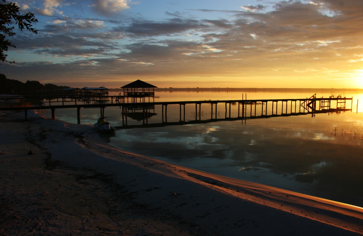 Boat pier at sunrise in Lake Placid, Florida