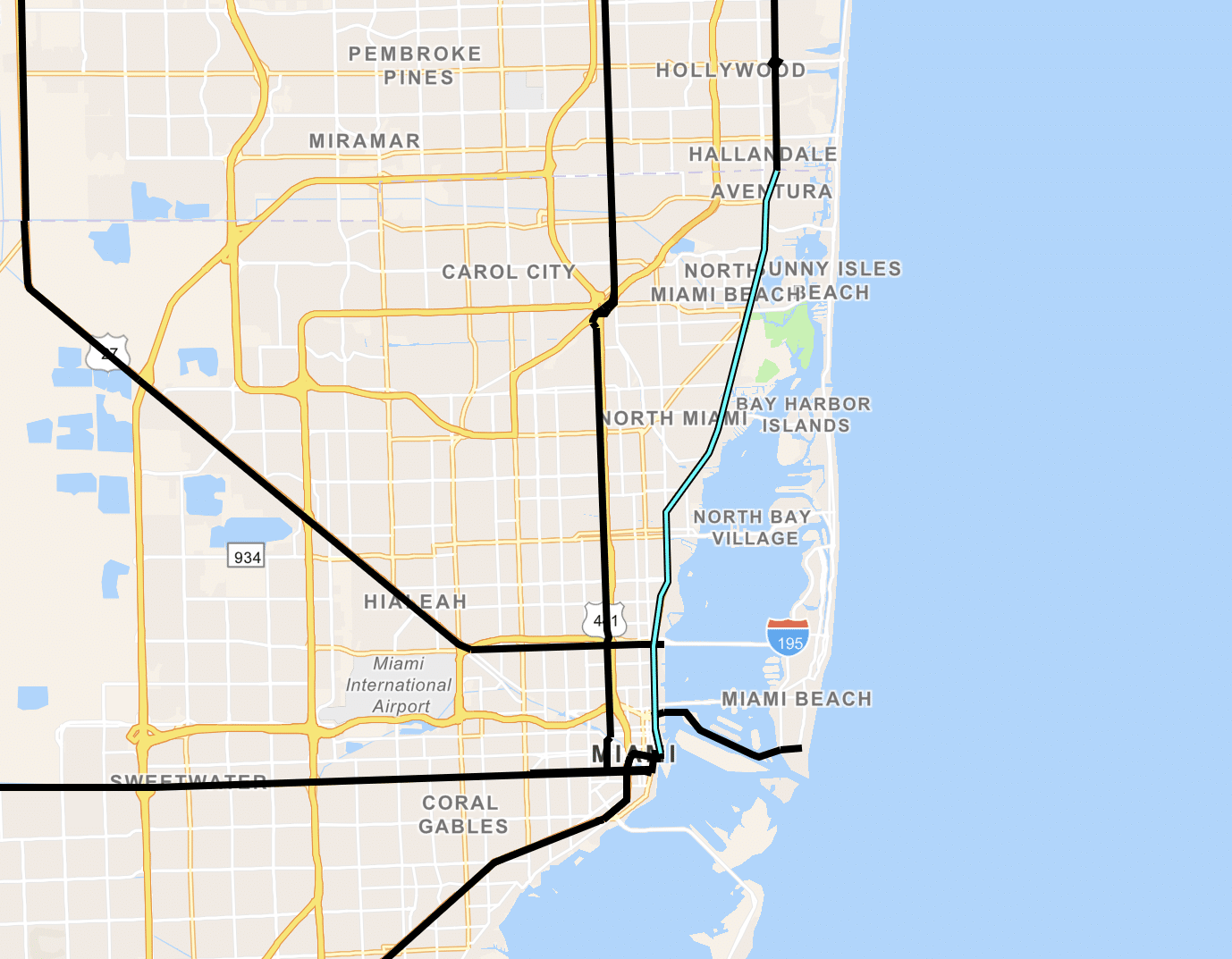 Biscayne Boulevard on a map